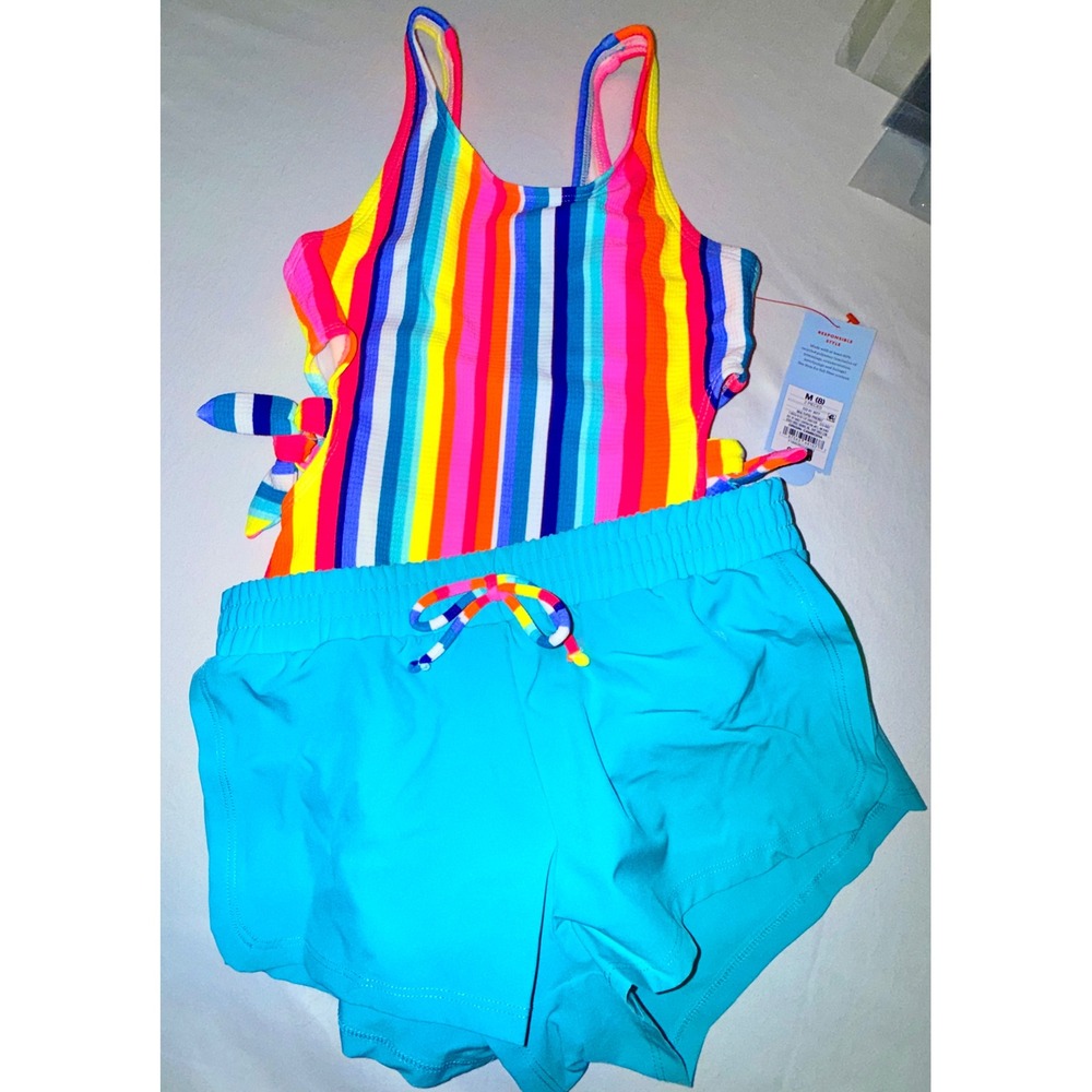 Cat & Jack Swimsuit Set Kids 8 Multicolor New Rainbow Striped 2pc Tankini Shorts